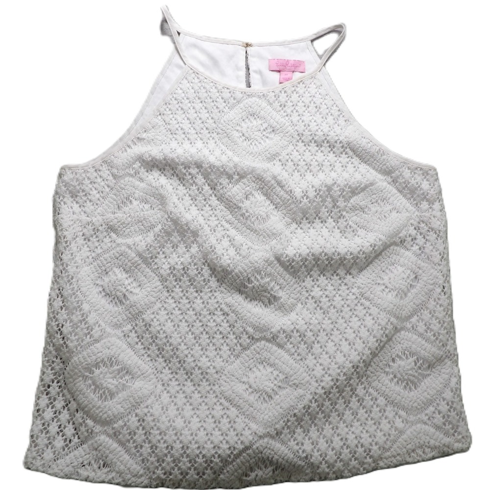 Lilly Pulitzer Halter Top Women M/D White Crochet Lace Overlay Sleeveless Blouse
